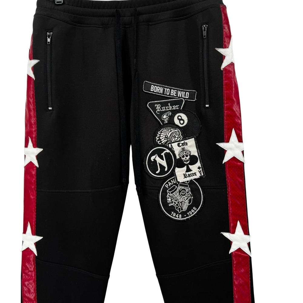 Robins Jean Black Moto Biker Patch Jogger Sweatpant Red Stripe Wings L Y2K